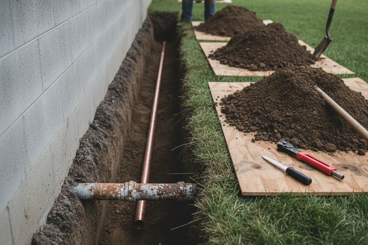 Excavated water line trench during Water Heater Repair in New Washington